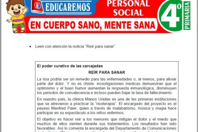 Ejercicios de En cuerpo sano, mente sana para Cuarto Grado de Primaria