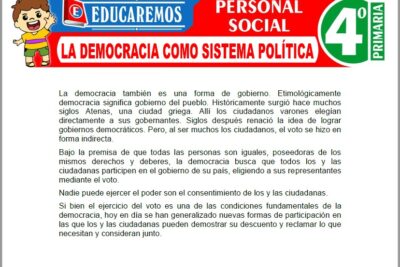 Ejercicios de La Democracia como Sistema Política para Cuarto Grado de Primaria