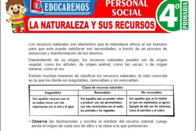 Ejercicios de La Naturaleza y sus Recursos para Cuarto Grado de Primaria