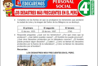 Ejercicios de Los Desastres más Frecuentes en El Perú para Cuarto Grado de Primaria