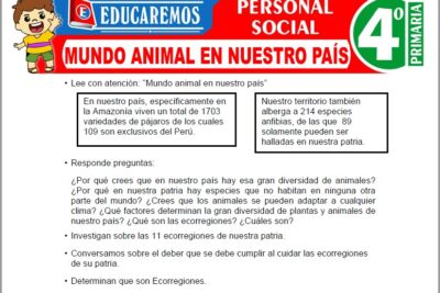 Ejercicios de Mundo Animal en Nuestro País para Cuarto Grado de Primaria