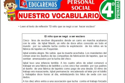 Ejercicios de Nuestro Vocabulario para Cuarto Grado de Primaria