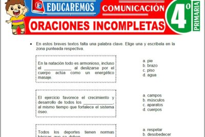 Ejercicios de Oraciones Incompletas para Cuarto Grado de Primaria