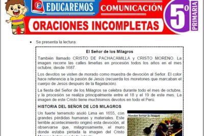 Ejercicios de Oraciones Incompletas para Quinto Grado de Primaria