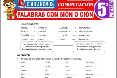 Ejercicios de Palabras con Sión o Ción para Quinto Grado de Primaria