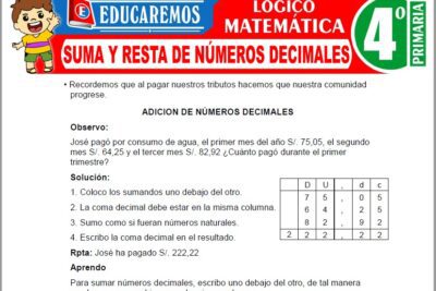 Ejercicios de Suma y Resta de Números Decimales para Cuarto Grado de Primaria